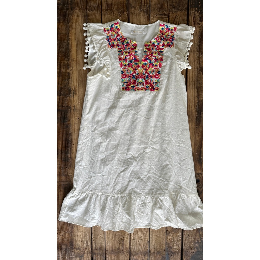 KIRUNDO Womens White Embroidered Boho Mini Dress Pom Pom Trim Ruffle Hem Small